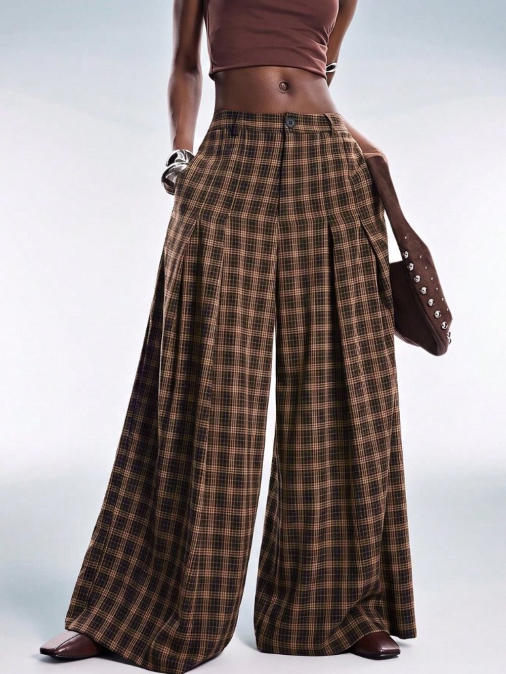Multicolor Casual Women's Plaid Zipper Fly Pocket Loose Wide Leg Long Pants - Picture 6 of 6